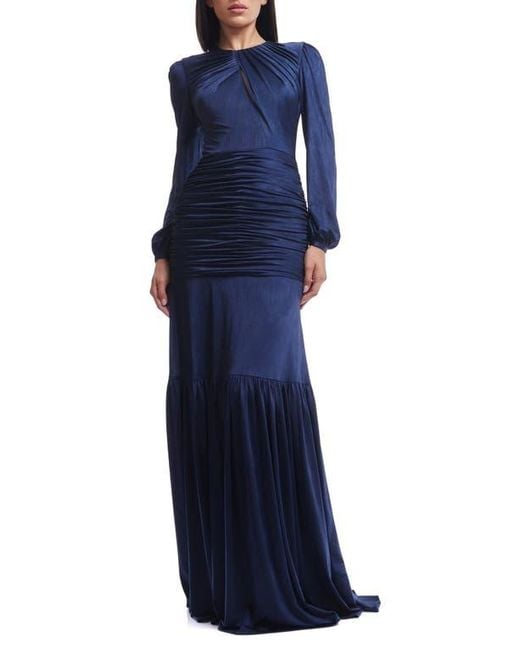 Dress the Population Lucille Pleated Ruched Long Sleeve Gown in Blue | Lyst