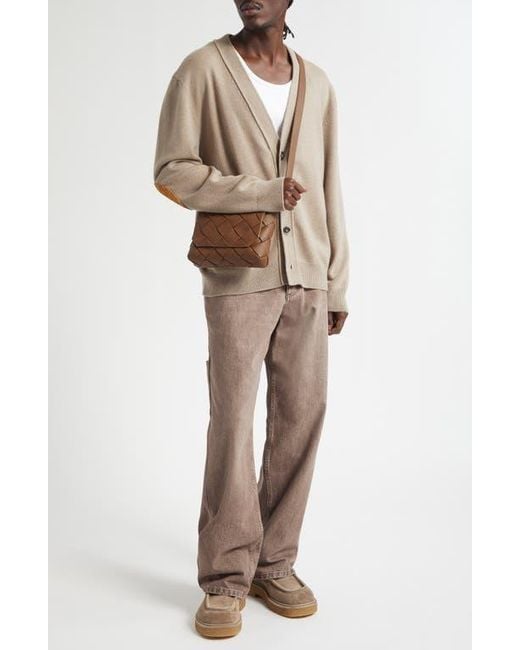 Bottega Veneta Brown Classic Cashmere Blend V-Neck Cardigan With Intrecciato Leather Elbow Patches for men
