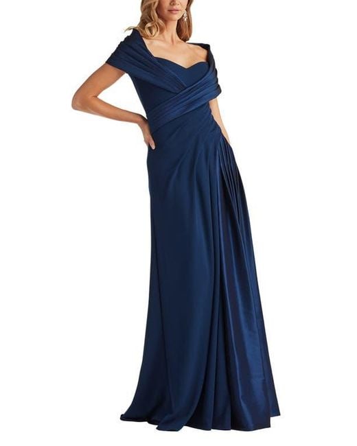 Tadashi Shoji Blue Portrait Collar Satin & Crepe Gown