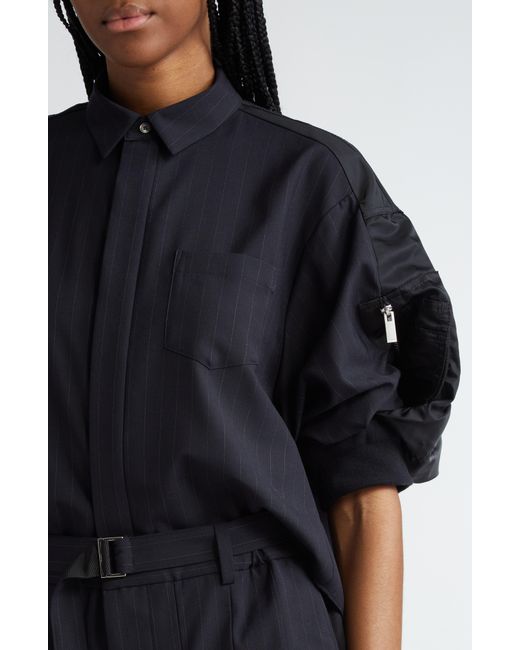 Sacai Blue Mixed Media Chalk Stripe Puff Sleeve Suiting & Nylon Shirt