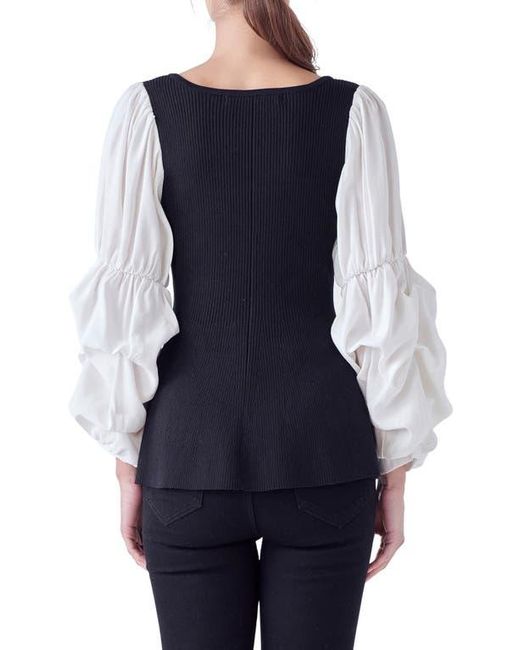 English Factory Blue Mixed Media Rib Top