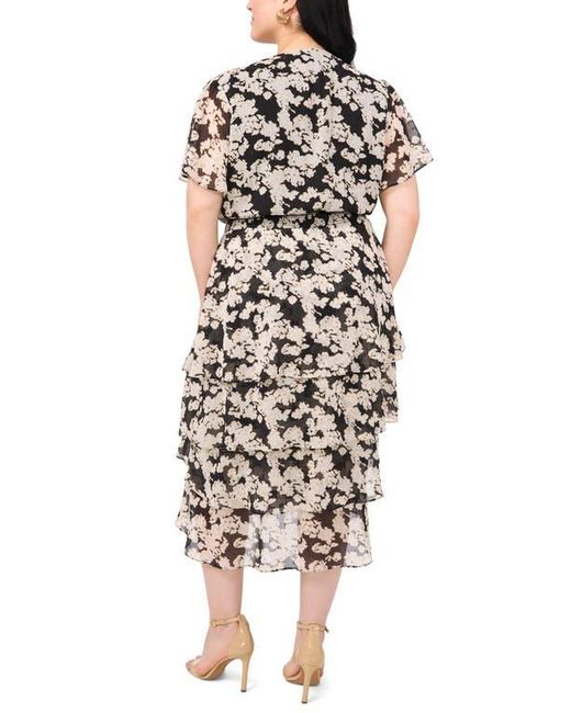 Vince Camuto Black Floral Tiered Flutter Sleeve Midi Dress