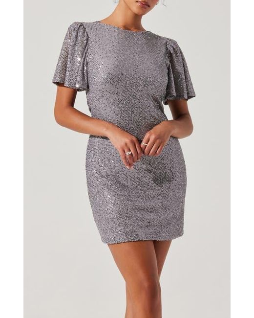 Astr Gray Sequin Flutter Sleeve Minidress
