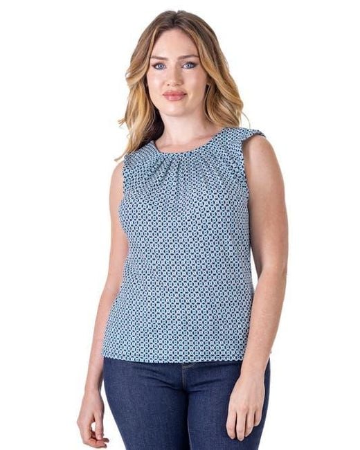 24seven Comfort Apparel Blue Petites Print Pleated Crew Neckline Back Closure Sleeveless Top