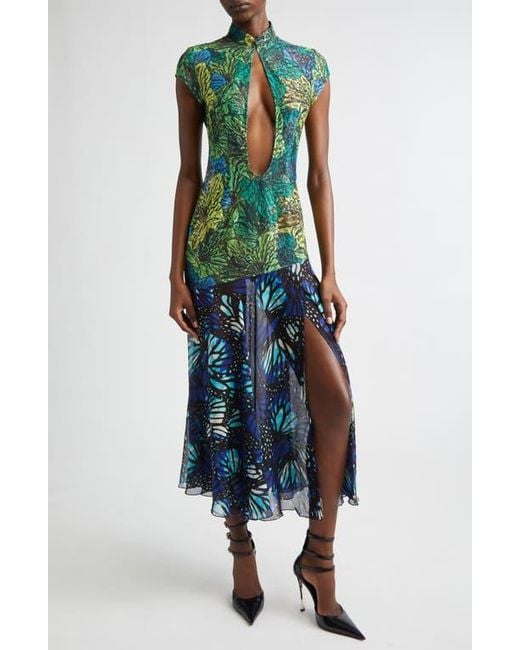 kim shui green dress Kim Shui Butterfly Print Lace & Silk Chiffon Plunge Neck Dress in Green
