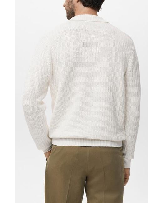 Mango White Structured Cotton Polo Sweater for men