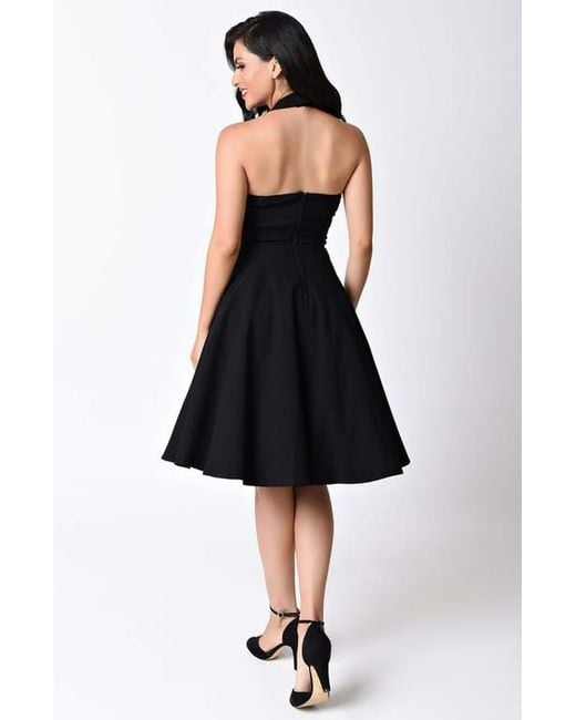 Unique Vintage Black 1950S Criss Cross Halter Rita Flare Dress