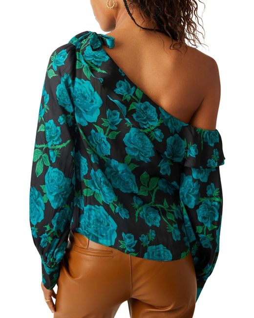 Free People Blue These Nights Floral One-shoulder Satin Top