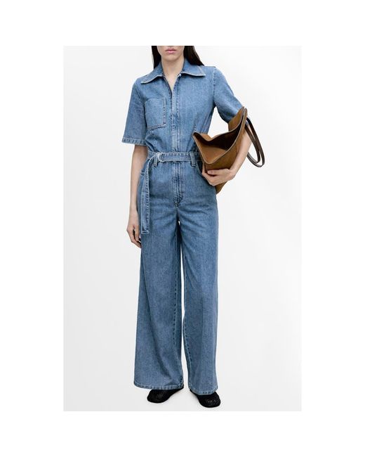 Mango Blue Fleur Tie Waist Denim Jumpsuit