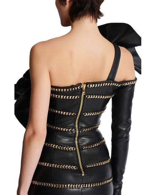 Balmain Asymmetric Leather Bodycon Dress With Chains in Black | Lyst Balmain Asymmetric Leather Bodycon Dress With Chains in Black | Lyst