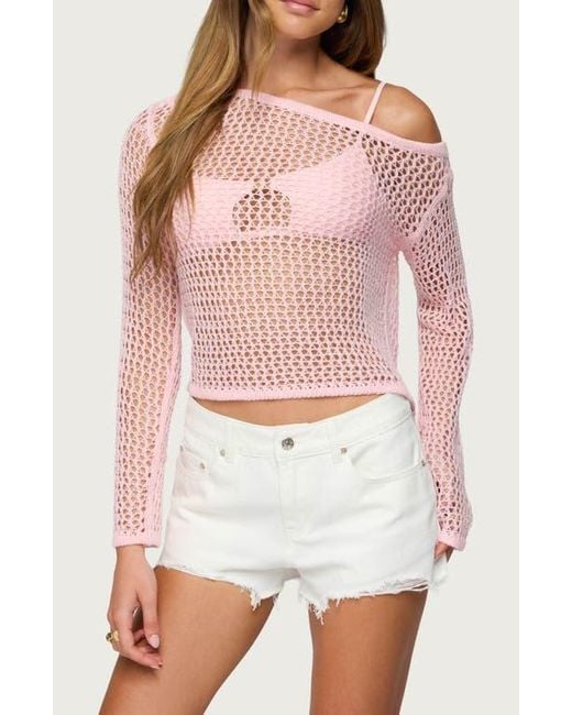 Edikted Pink Inara Off-The-Shoulder Long Sleeve Mesh Top
