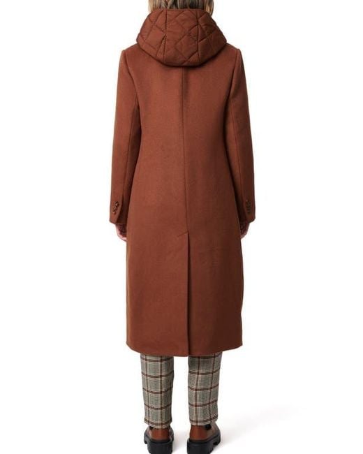 Bernardo Brown Long Coat With Hooded Quilted Bib