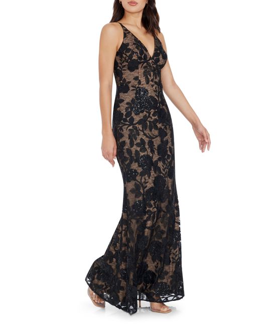 Dress the Population Black Sharon Floral Sequin Sleeveless Mermaid Gown