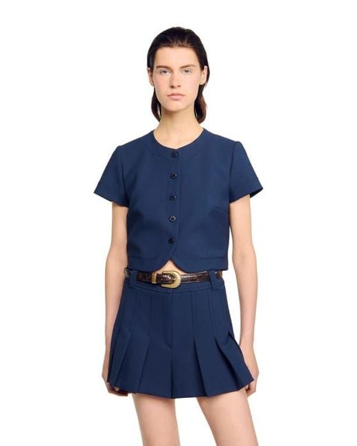 Sandro Blue Rounded Hem Buttoned Crop Top