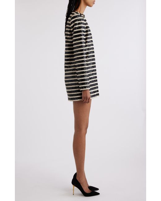 Balmain Black Stripe Sequin Long Sleeve Minidress