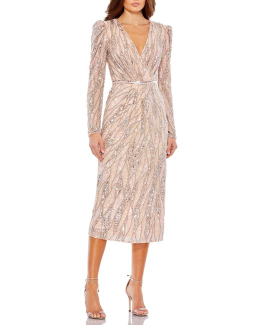 Mac Duggal Natural Shatter Sequin Long Sleeve Sheath Cocktail Dress