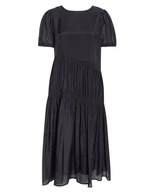 MELLODAY Black Puff Sleeve Smocked Tiered Midi Dress