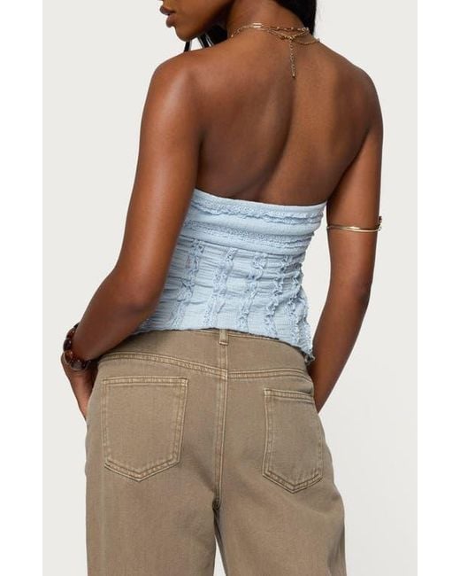 Edikted Blue Textured Ruffle Split Front Strapless Top