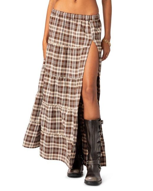 Edikted Brown Plaid Tiered Side Slit Maxi Skirt