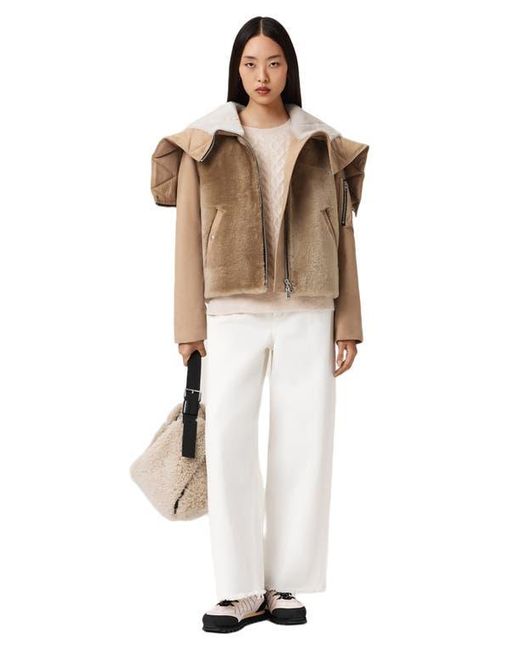 AllSaints Natural Dexter Genuine Shearling Bomber Jacket