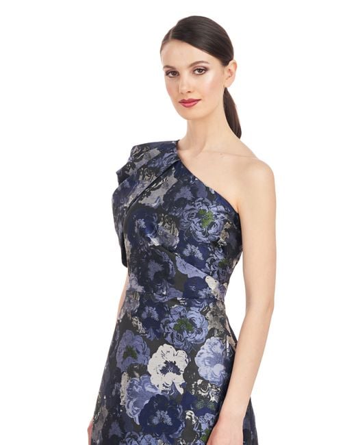 Kay Unger Blue Briana Asymmetric Floral Jacquard Gown