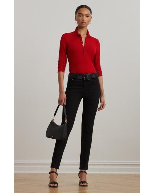 Ralph Lauren Red Three Quarter Sleeve Rib Polo