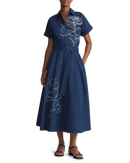 Lafayette 148 New York Blue Floral Embroidered Belted Cotton Poplin Shirtdress
