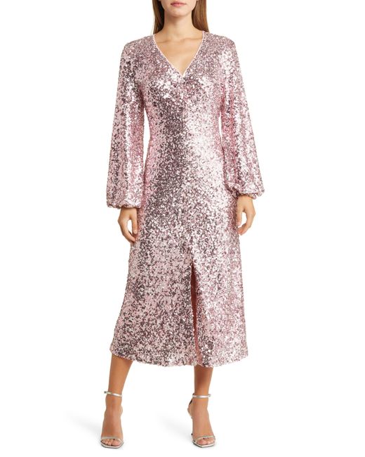 MELLODAY Pink Long Sleeve Sequin Midi Dress