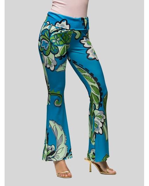 24seven Comfort Apparel Blue Paisley Print Bell Bottom Foldover Waist Pants