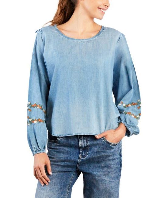 BILLY T Blue Floral Embroidery Cotton Blend Poet Top
