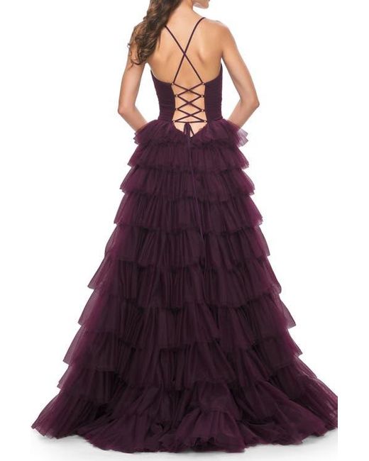 La Femme Purple A-Line Ruffle Tulle Gown With High Slit And Lace Up Back