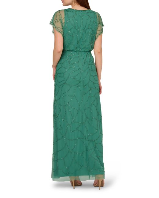 Adrianna Papell Green Beaded Mesh Blouson Gown