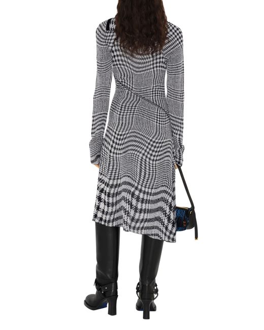 Burberry Gray Warped Houndstooth Jacquard Asymmetric Long Sleeve Wool Blend Midi Dress