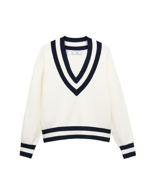 Mango White Contrast Stripe V-Neck Sweater
