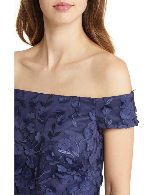 Eliza J Blue Off The Shoulder Floral Appliqué Gown
