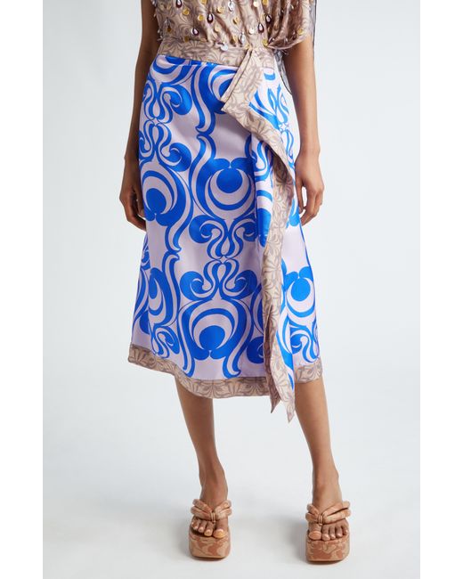 Dries Van Noten Blue Mixed Print Draped Silk Midi Skirt