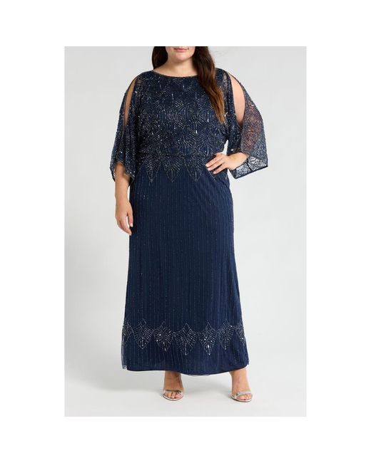 pisarro nights navy beaded dress Pisarro Nights Beaded Mesh Column Gown Navy Blue Sleeveless Formal Size 4  Midi