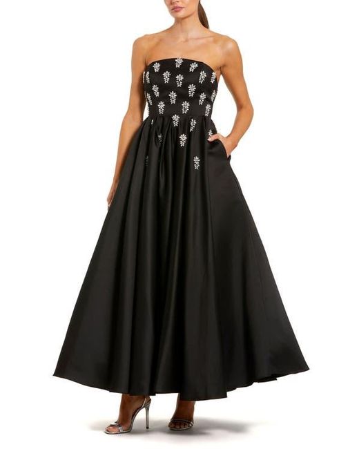 Mac Duggal Black Crystal Embellished Strapless Satin A-Line Dress
