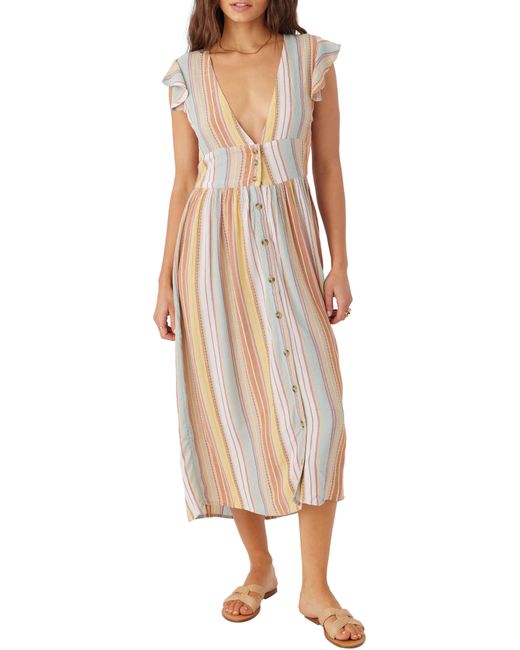 O'neill Sportswear Natural Rainey Stripe Flutter Sleeve Midi Dress