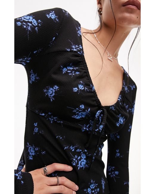 TOPSHOP Black Floral Long Sleeve Ribbed Minidress