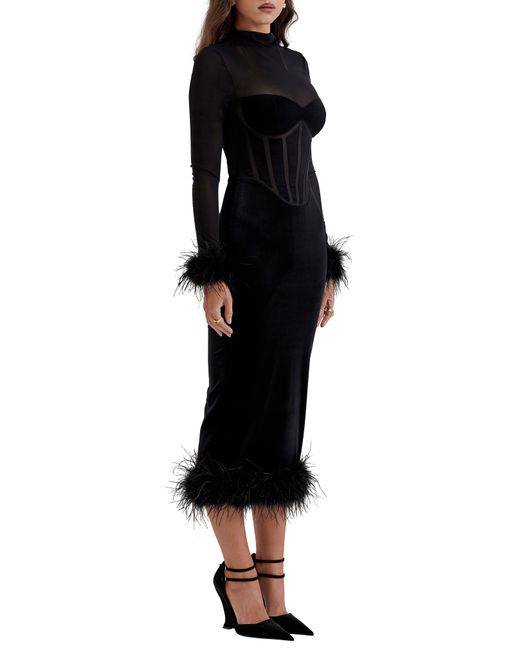 House Of Cb Black Lianna Feather Trim Long Sleeve Corset Midi Dress