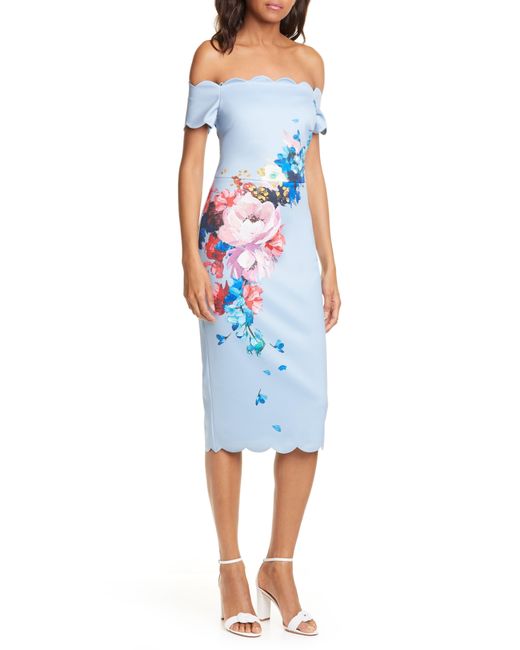 Ted Baker Synthetic Raspberry Ripple Bardot Floral Off-the-shoulder  Short-sleeve Scallop Dress in Light Blue (Blue) | Lyst