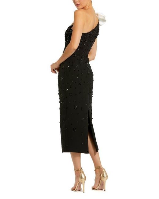 Mac Duggal Black Beaded Crepe One Shoulder Midi Dress With Bow