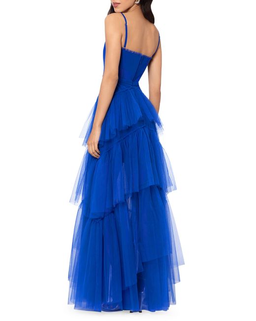 Betsy & Adam Blue Tiered Tulle Ruffle Gown