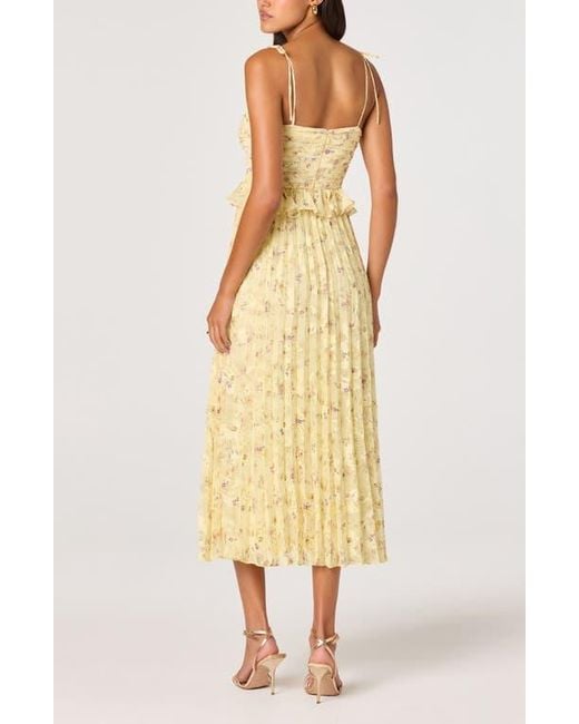 Astr Emerys Metallic Floral Pleated Midi Dress in Yellow | Lyst