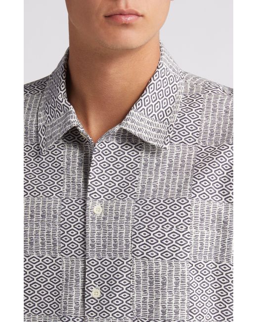 Treasure & Bond Gray Patchwork Linen & Cotton Short Sleeve Button-up Shirt for men