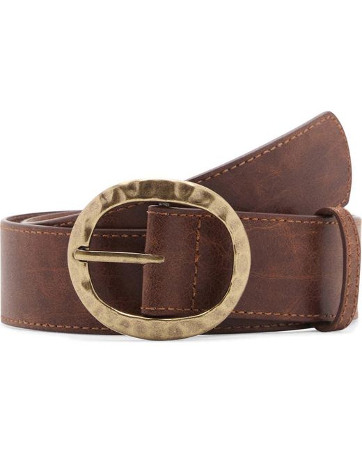 Mango Brown Textured Faux Leather Belt With Round Buckle