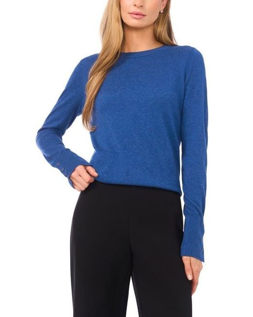 Halogen® Blue Button Cuff Crewneck Sweater