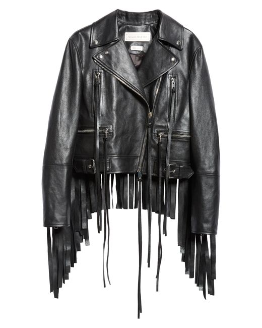 Alexander McQueen Black Fringe Trim Leather Biker Jacket