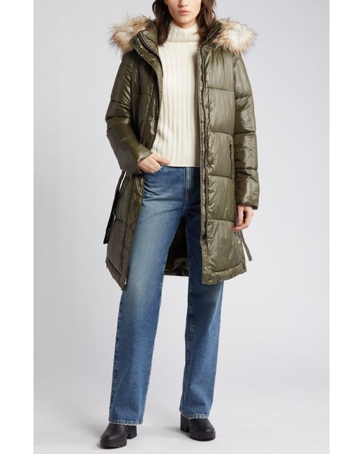 Sam Edelman Belted Puffer Coat With Faux Fur Trim Hood in Green | Lyst